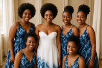 the women are the right skin and hair but the bridesmaids dresses need to be indigo and white tie-dyed prints. the bride should still be in a white-only gown