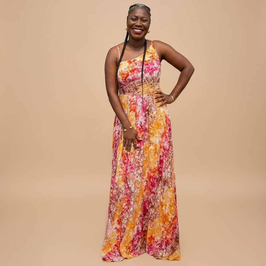 Woman in a colorful dress Tampoori tie dye rayon Poets Garden