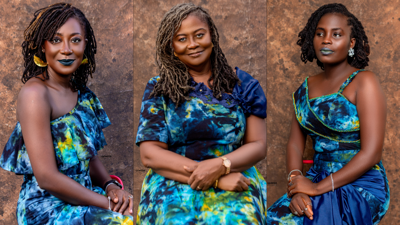 Three portraits of three women wearing custom-designed Tampoori Bubblegum prints in blue and green patterned dress against a brown background.