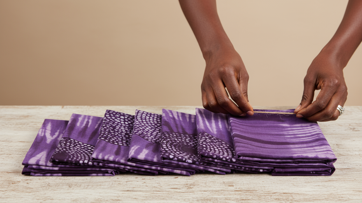 dark skinned hands packing folded fabric being prepared for shipment.
Hand-dyed Tampoori fabrics neatly packed for delivery on a table, neutral background. fabric is 6 pieces, of them lilac in striped and circular african batik print