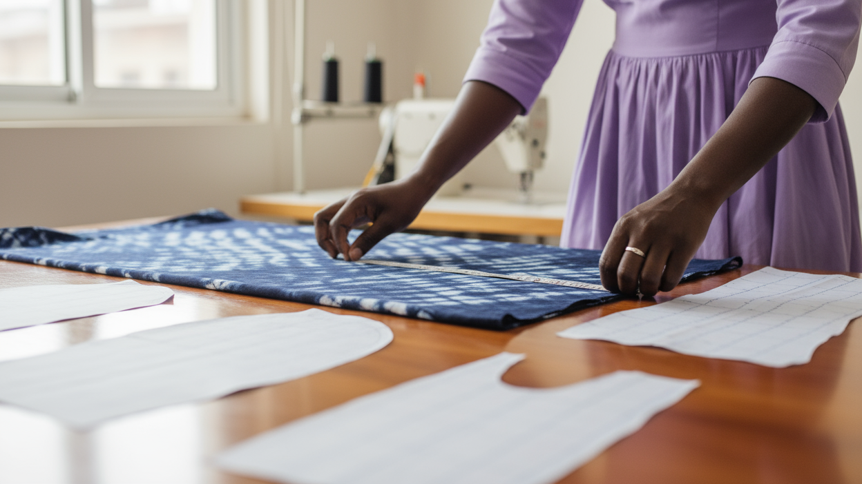 image of a dark skin seamstress close up of hands measuring fabric on a table in a clean uncluttered studio table workshop in accra. she is wearing a lilac dress. the fabric is tie dye in indigo and white there are white pattern pieces on the table. against a neutral background, soft lighting. Tampoori batik tie dye